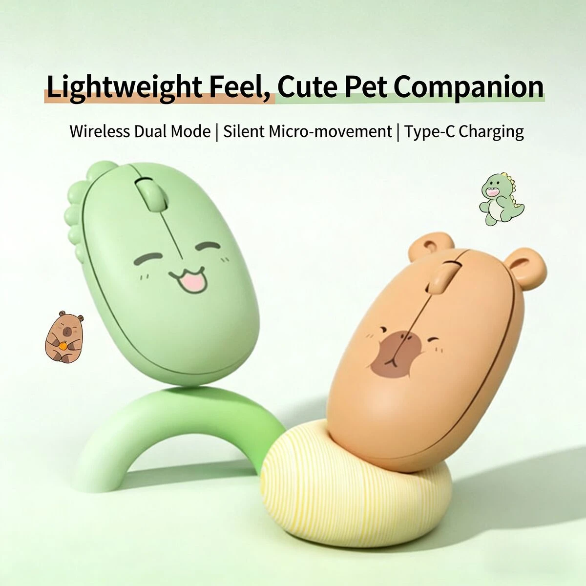 New Cute Little Dinosaur Shape Dual-Mode Mouse 2.4G+Bluetooth Rechargeable Ergonomic Lightweight Mice for PC Laptop Girls Gift