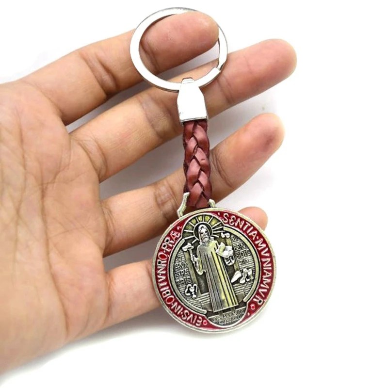 Vintage Saint Benedict PU Leather Keychain For Men Women Religious Gift