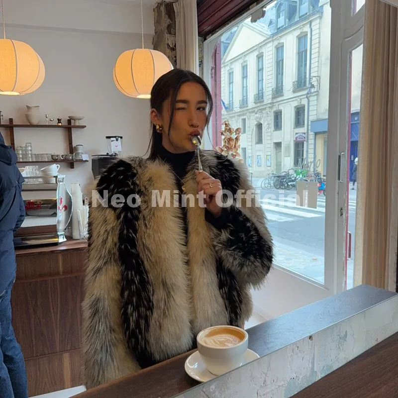 Neo Mint Luxury Brand Design Striped Patchwork Fur Jacket Women Winter Fluffy Faux Fox Fur Coats Chic Girls Thick Warm Outerwear