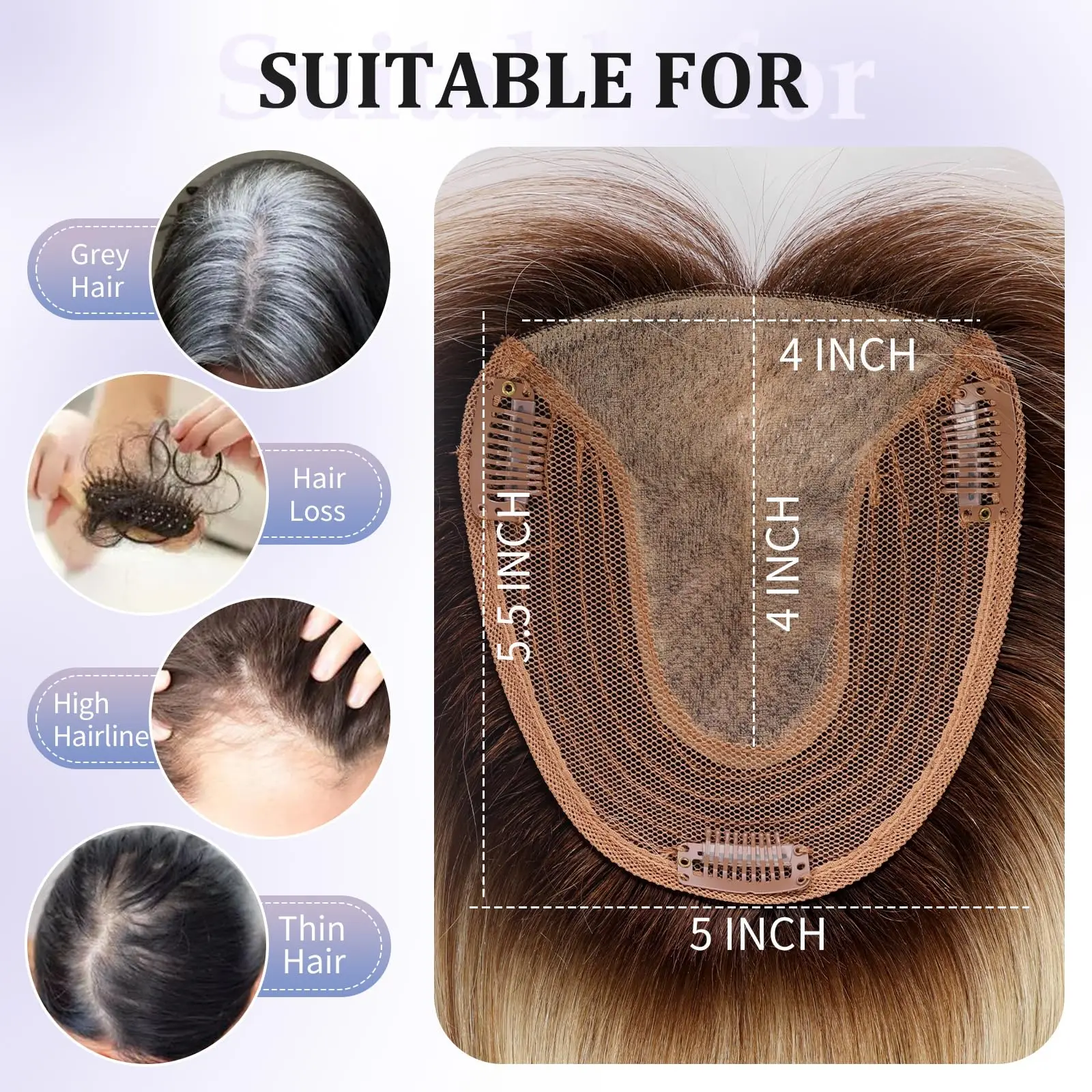 Light Brown Ombre Remy Human Hair Toppers Clips in 12 Inches Straight Hairpiece Extensions for Women 100% Remy Human Hair Topper