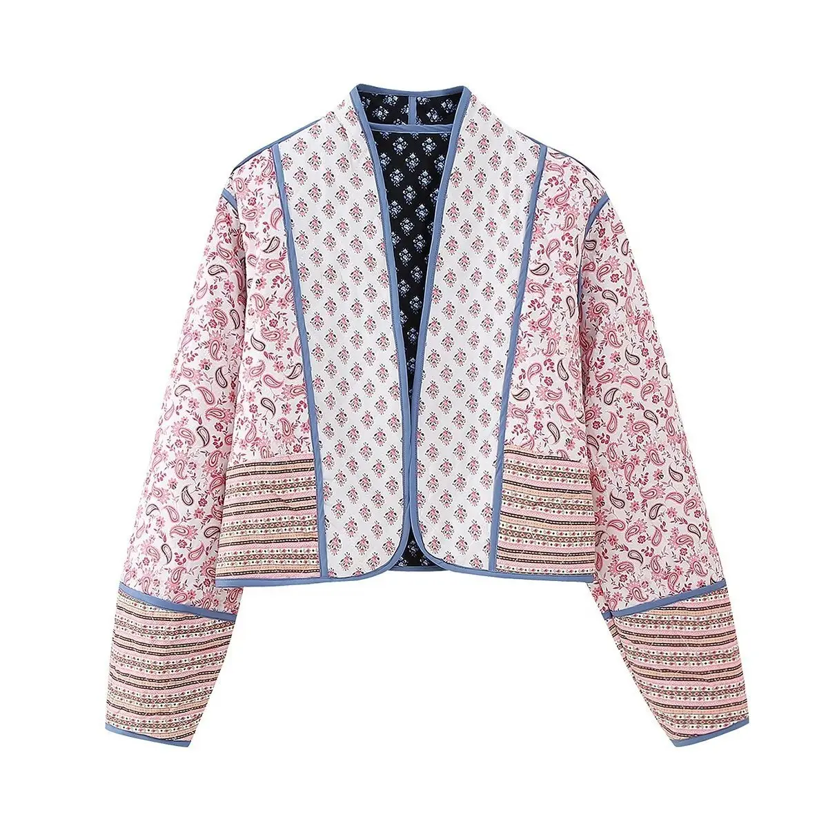 Veste matelassée réversible imprimée pour femmes, Cardigan bloc de couleur, petit manteau en coton pour femmes