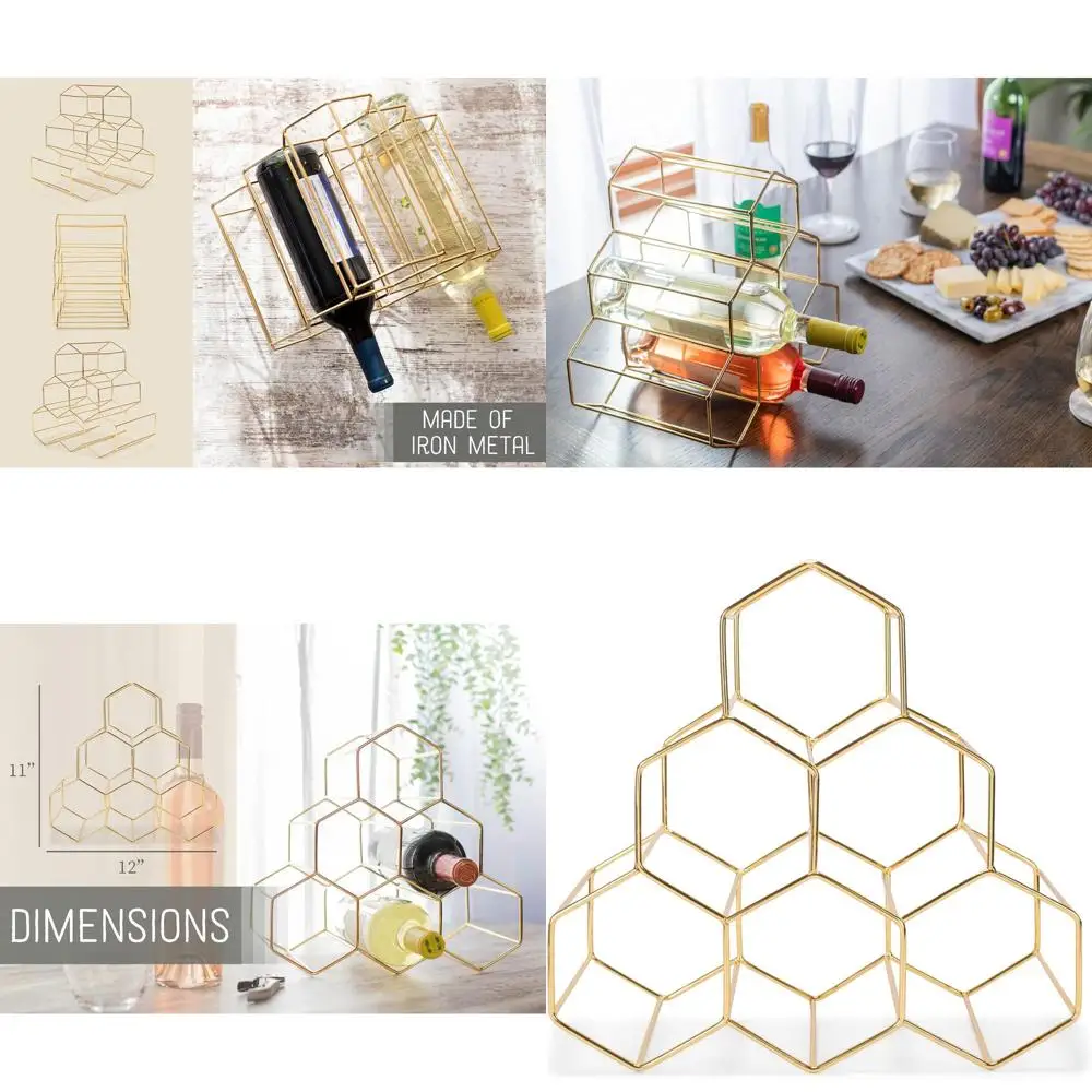 

Gold-Tone Metal Honeycomb Wine Rack for Kitchen, Pantry, or Cabinet Storage - Holds 6 Bottles