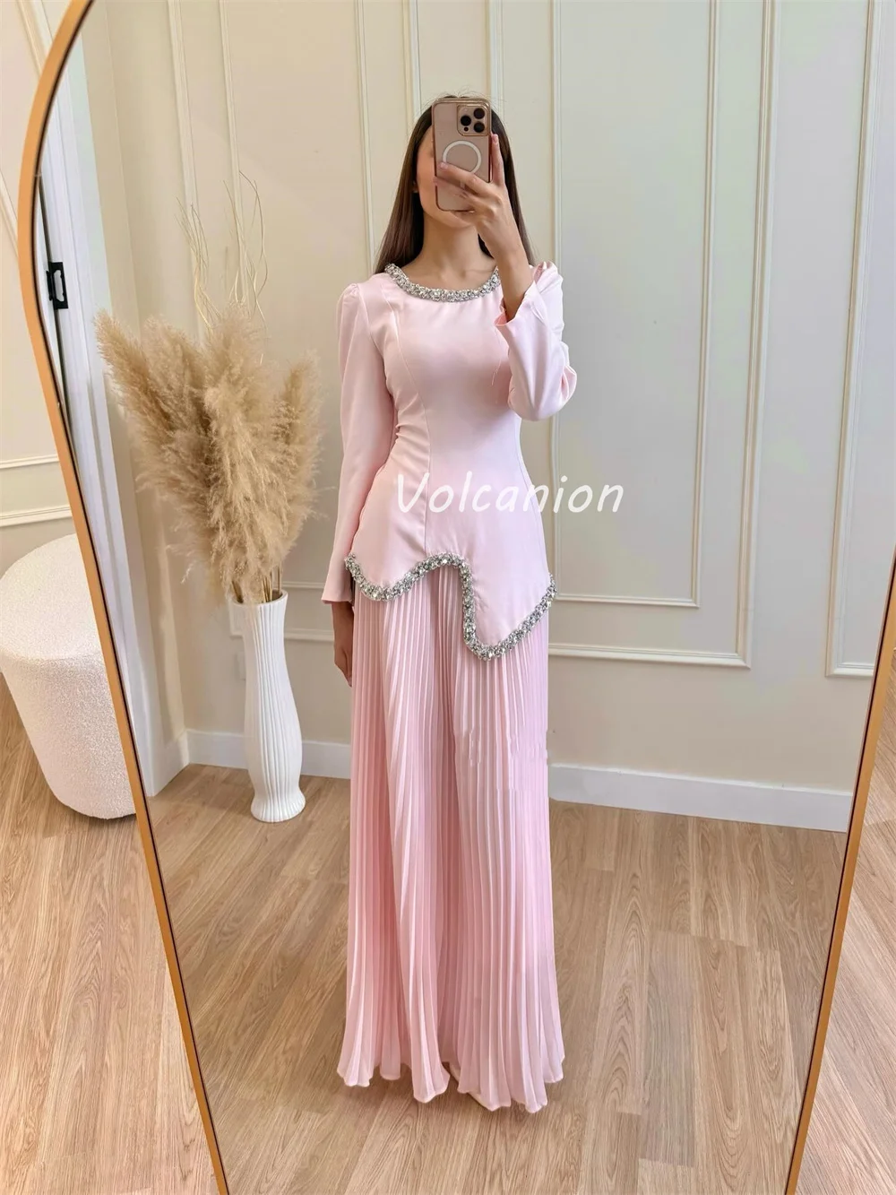 تخصيص الطراز الحديث أنيقة الأورجانزا ثنيات حجر الراين الديكور مطرزة مستقيم س الرقبة فساتين طويلة فساتين المناسبات حسب الطلب #2