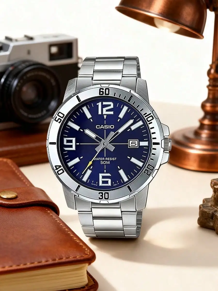 Reloj Deportivo Analógico CASIO para Hombre, Correa de Acero Inoxidable, Esfera Azul, Función de Fecha, Reloj de Pulsera Casual para Oficina, Uso Diario y Actividades al Aire Libre