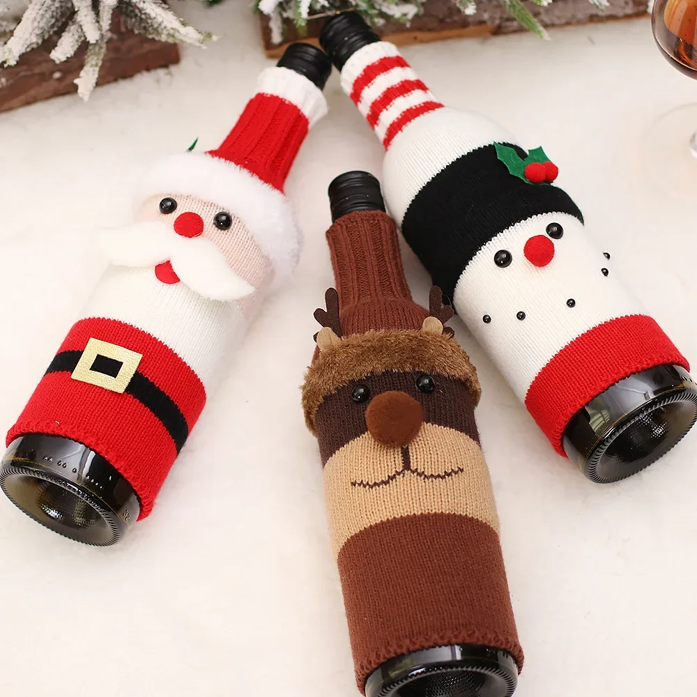 Knitted Wine Bottle Cover Santa Snowman Knitted Soft Wine Bottle Holders For Christmas Party Dinner Table Decorations New Year