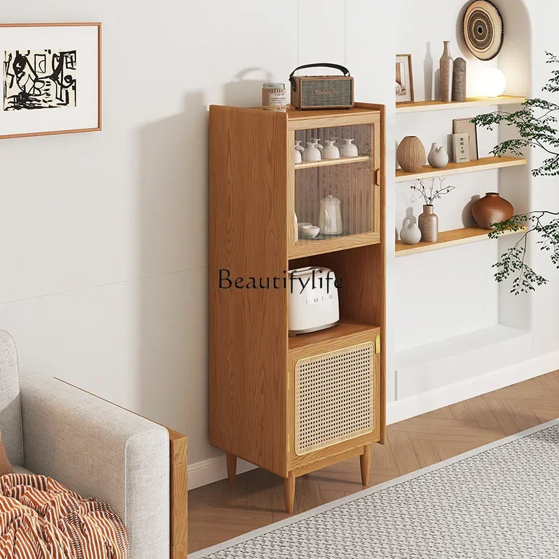 

**Nordic wabi sandy wind solid wood rattan corner cabinet narrow side locker living room