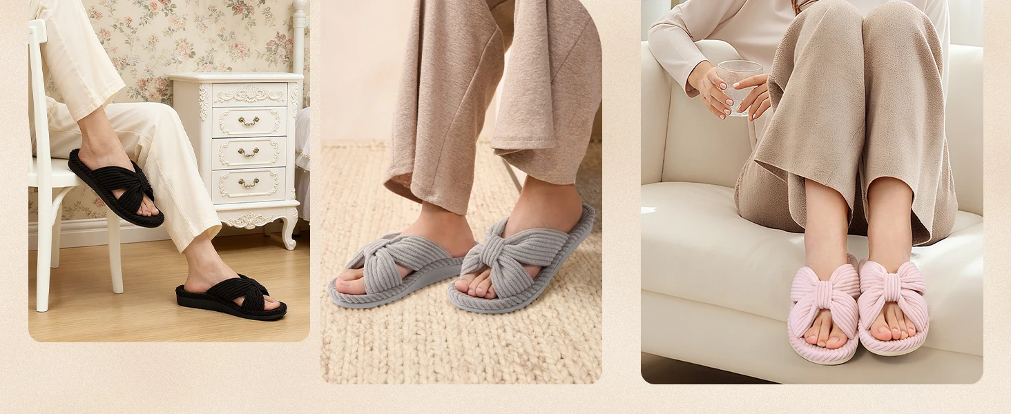 Comwarm Corduroy-Hausschuhe für Plantarfasziitis, weiche Sohle, bequeme Slides mit Kreuzschnürung, Damen-Hausschuhe mit Fußgewölbestütze – Detail 7