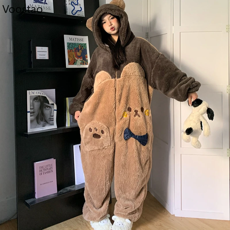 Doux ours à capuche Onesies femmes Pyjamas mignon Pijama hiver polaire chaud vêtements de nuit Kawaii dame vêtements de nuit Pyjamas combinaison Homewear