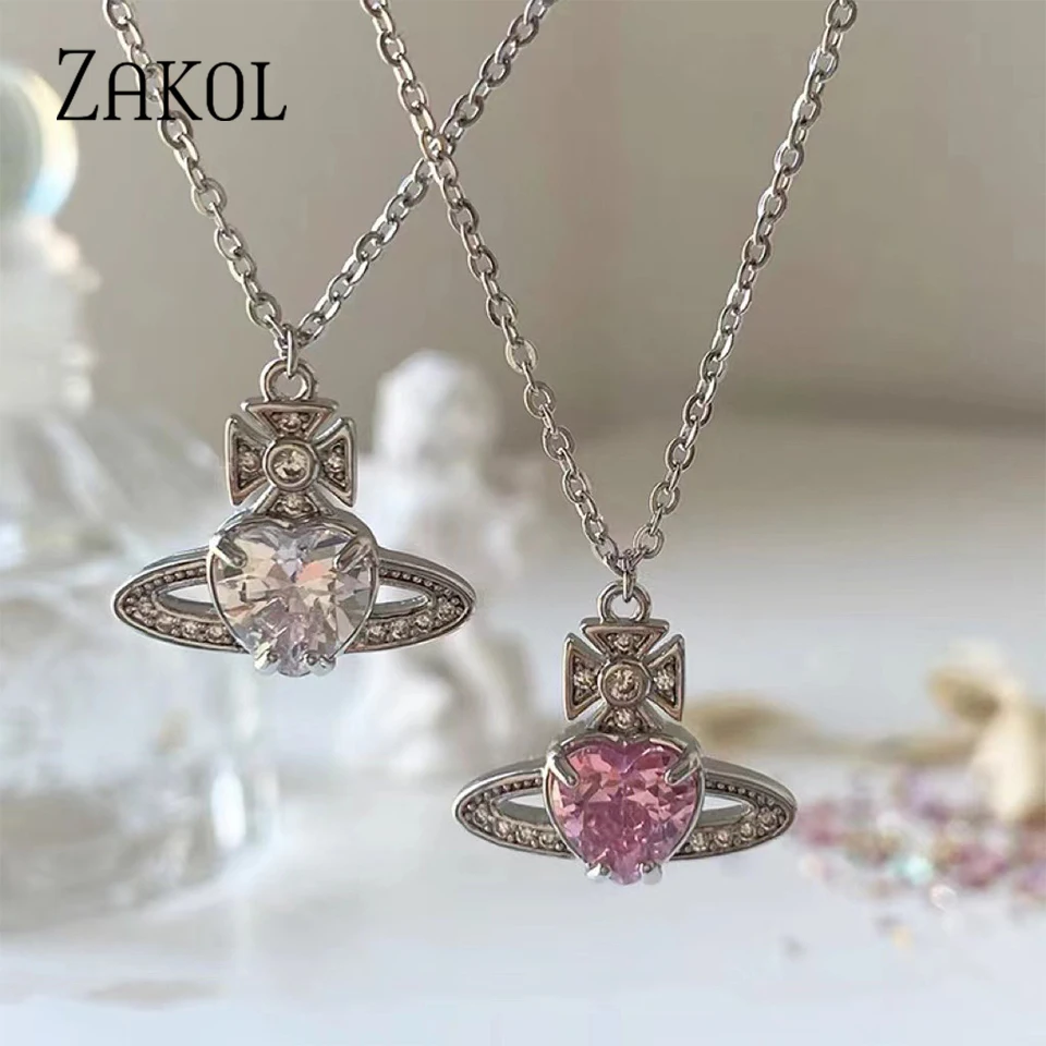 ZAKOL delicado planeta corazón cristal colgante collar para mujeres niñas dulce Y2K Rosa circón gargantilla collares joyería de fiesta