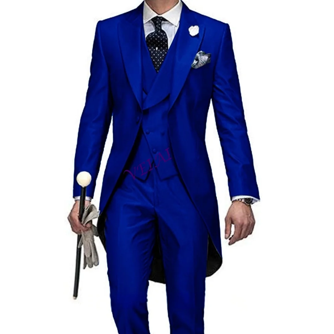 

CustomizedBlue Wedding 2024 Men Tail Coat 3 Piece Groom Tuxedo for Formal Prom Male Suits Fashion Set Jacket with Pants Vest