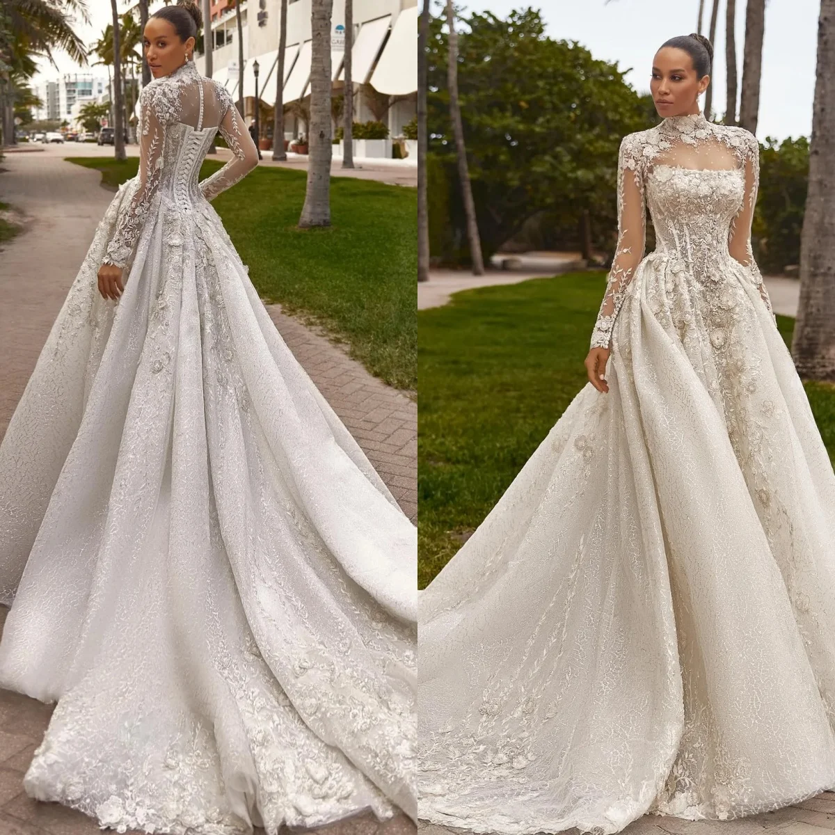 

Customized Elegant Formal Simple Charming Modern Wedding Dresses Long Sleeves O-Neck Bridal Party Crystal Flowers Lace Up Back