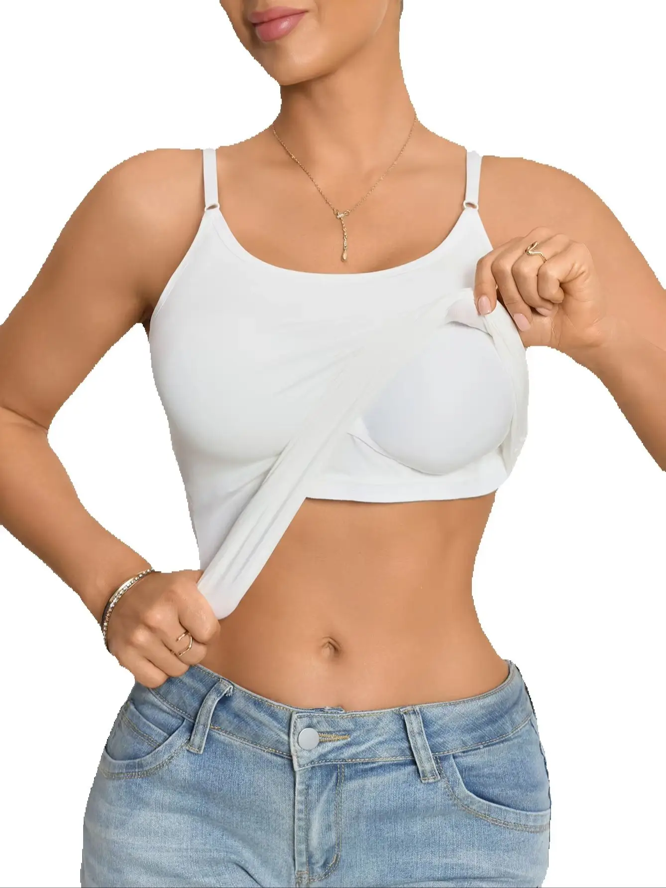 Women Adjustable Strap Camisole Built In Padded Bra Tank Top Slim Fit Solid Basic Sleeveless Vest