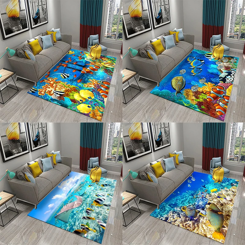 3D Underwater World Marine Life Carpet Home Decoration Bedroom Living Room Carpet Room Bedside Soft Non-Slip Floor Mat Door Mat