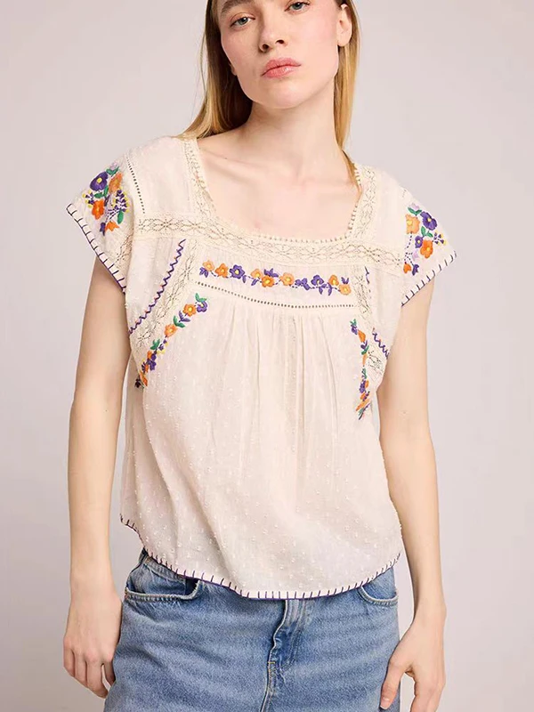 

Loose Cotton Blend irt Early Autumn Square Collar Embroidered Floral Countryside Sle Pullover Women's Breathable ort Sl...