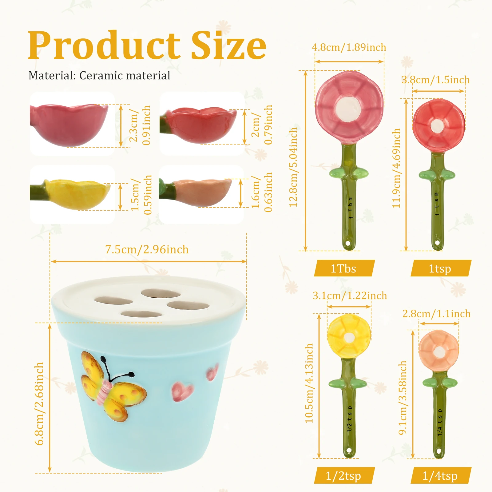 4Pcs Ceramic Measuring Spoon Set Flower Shape Baking Scale Spoon with Base Reusable Measuring Spoon for Home Kitchen Baking Tool