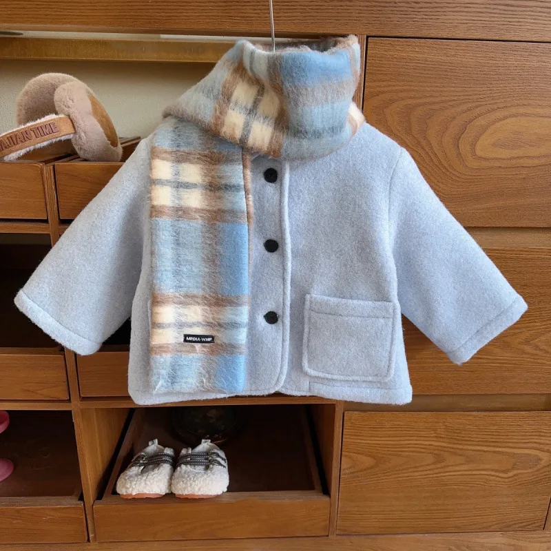 

2025New Winter Girls Korean Style Plaid Cotton Long Sleeve Jacket Free Scarf