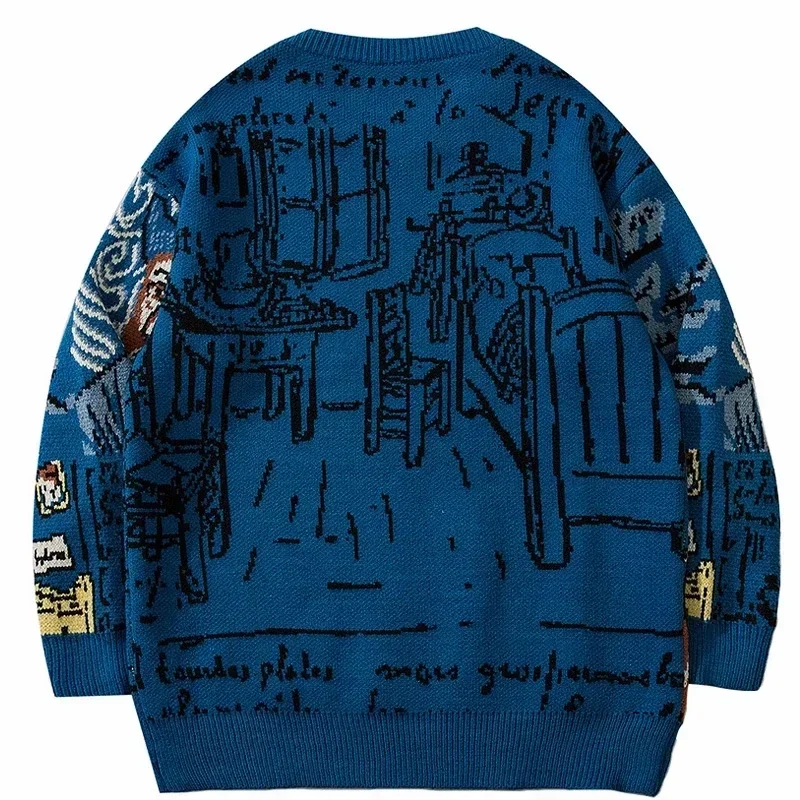 Autumn Men High Street Knitted Sweater Van Gogh Graffiti Print Sweaters Cotton Harajuku Loose Padded Pullover Women Streetwear