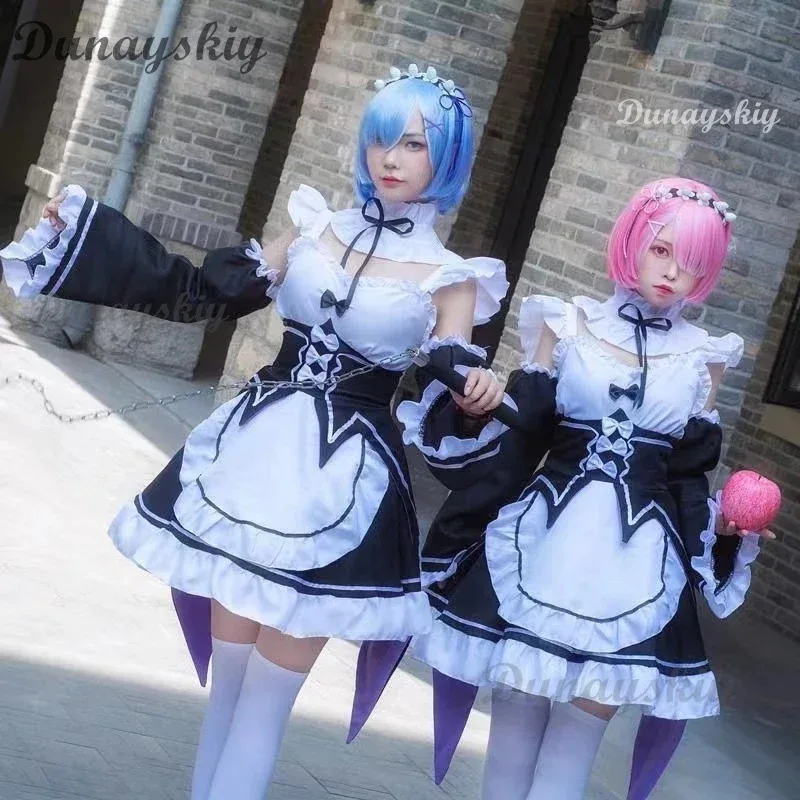 

Anime Ram Rem Lolita Maid Cosplay Costumes Dress Re: Zero Kara Hajimeru Isekai Seikatsu Halloween Costumes for Women Loli Dress