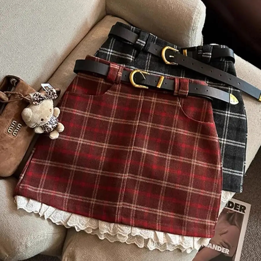 Splicing Lace Plaid Skirt For Women Spring Autumn Woolen High Waisted A-line Short Skirt Sweet Girl Y2k High Street Skirts