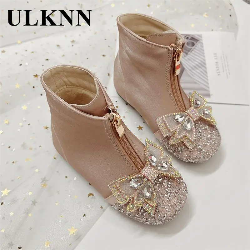 

Children Fall/winter Boots 2023 New Baby Girl Boots Add Flocking Boots Princess Beige Rhinestone Short Winter Boots