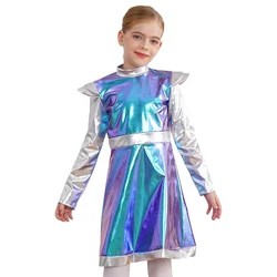 Girls Halloween Alien Cosplay Costume Outer Space Cutie Dress Long Sleeve Shiny PU Dress Carnival Themed Party Dress Up