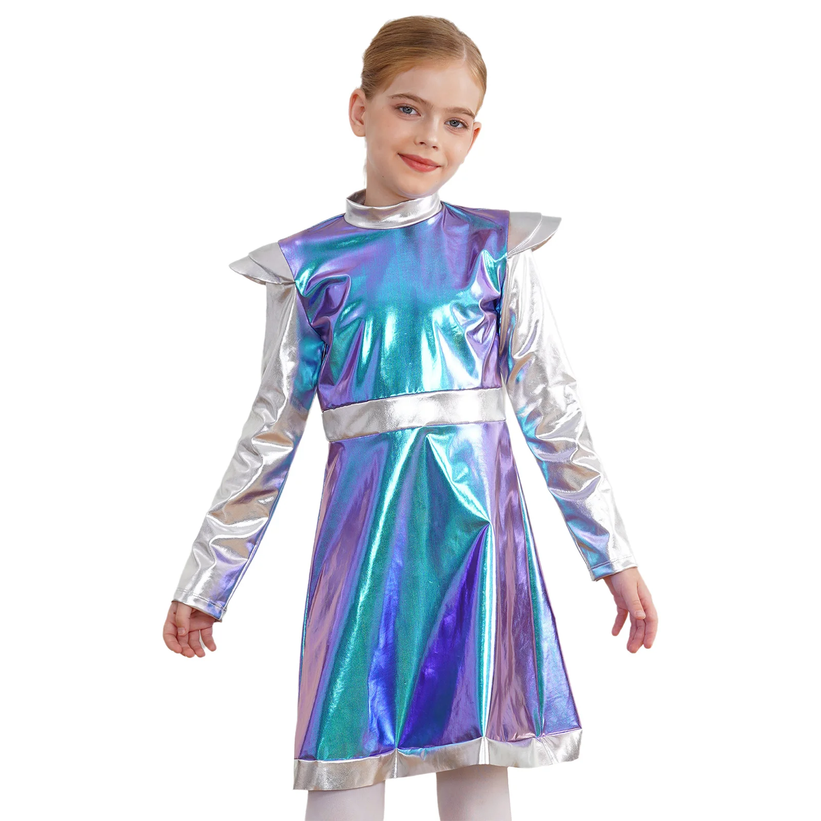 Kostium na Halloween dla dziewczynki, przebranie kosmitki, sukienka kosmiczna, urocza sukienka z długim rękawem, błyszcząca sukienka z PU, sukienka na karnawał, imprezę tematyczną.