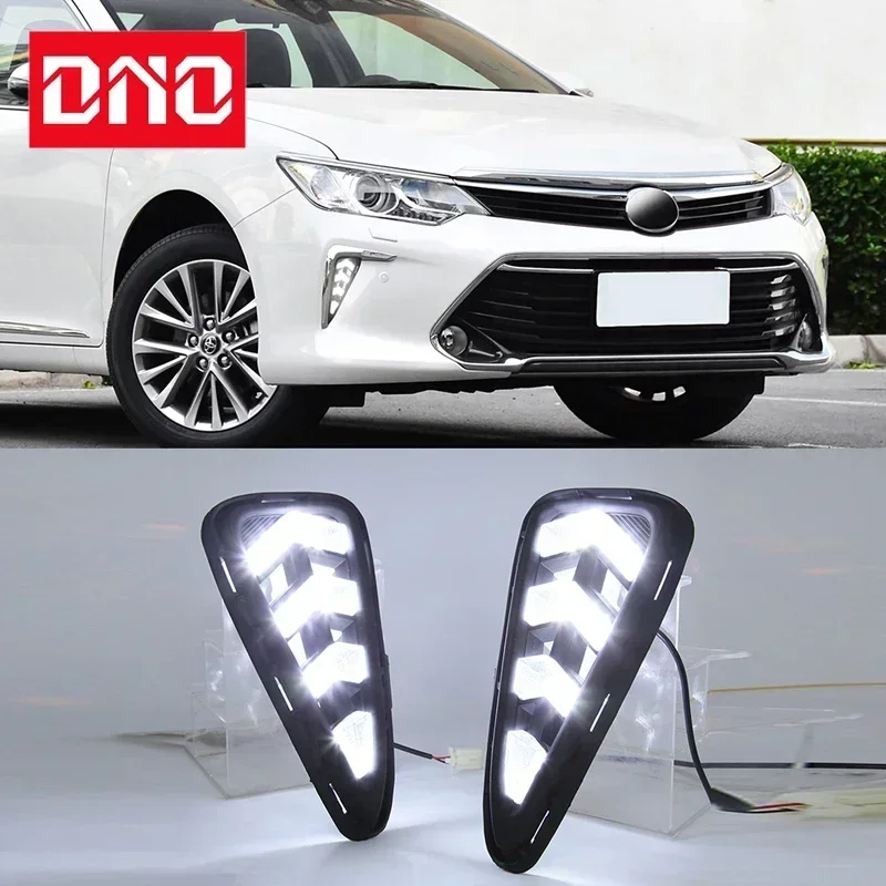 

Автомобильные светодиодные DRL дневные фонари для Toyota Camry 2015 2016 2017, желтый указатель поворота, ночные синие дневные ходовые фары, авто дальние фары