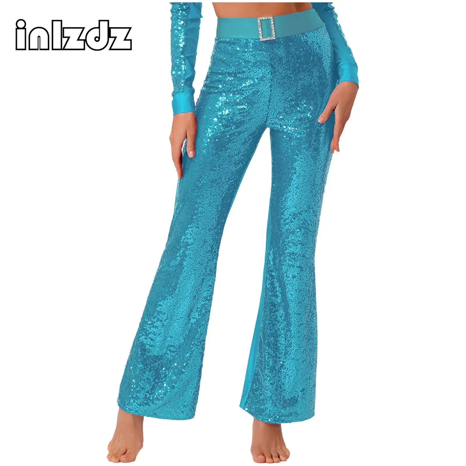 

Women's Jazz Dance Flared Pants Elastic High Waist Sequin Rhinestone Bell Bottom Pants for Latin Dance Modern Dance Performance