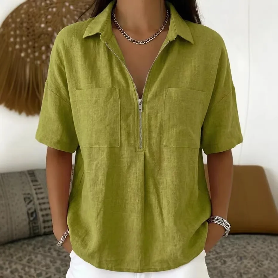2026 Lapel. Solid Color Short Sleeve Shirt V-neck Zipper Patch Pocket Shirt Multifunctional And Fashionable Femme