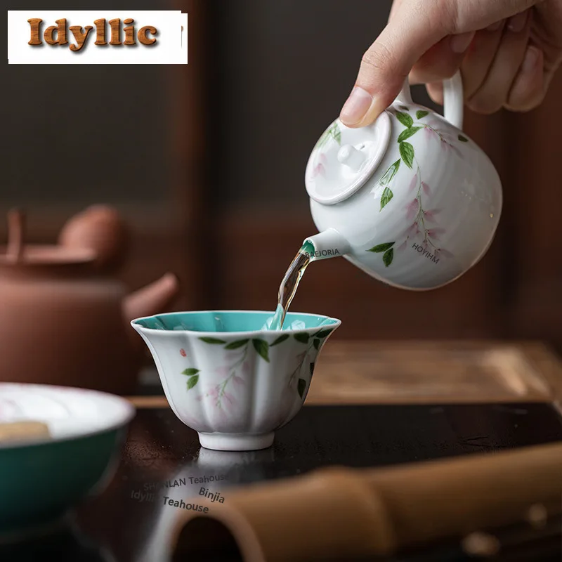 HOYIHM 145ml Turquoise Green Hand-painted Wisteria Flower Teapot Antique Tea Infuser Pot Tea Soaking Kettle With Ball Hole Cafes