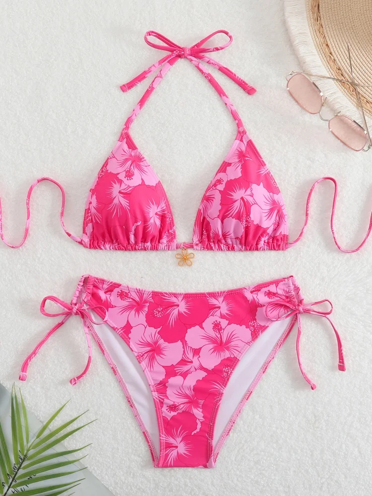 

Женский купальник бикини 2026 Новый розовый комплект бикини с лямкой на шее и принтом Сексуальный купальник на шнуровке Летний купальник из 2 предметов Пляжная одежда Купальный костюм женский