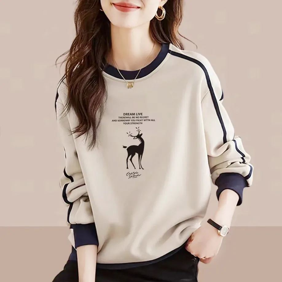 

Casual Cotton Sweatirt Women's Spring Autumn New Sle Long Sve Color Blo Print Versatile Top round Ne Label Removed