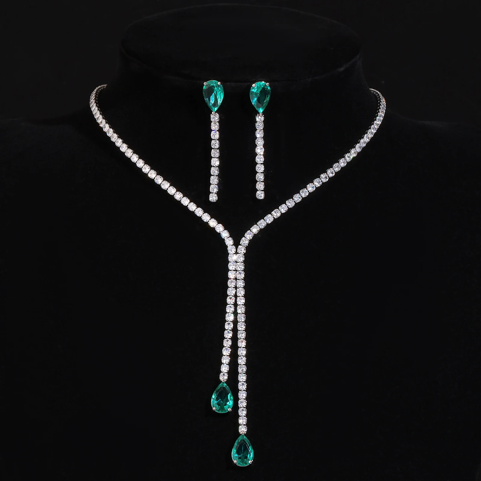 Elegant Wedding Jewelry Set for Women Long Water Drop Cubic Zircon Dangly Bridal Party Necklace And Earrings Accessories Gift