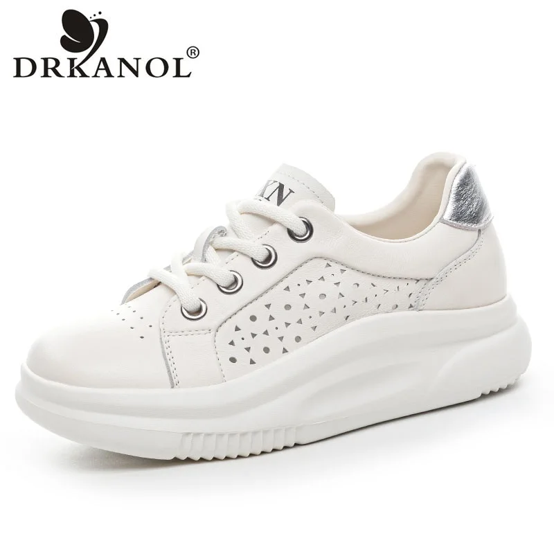 DRKANOL Women Thick Sole Platform Casual Shoes Summer Hollow Breathable Genuine Leather Lace-Up Wedges Lightweight White Shoes