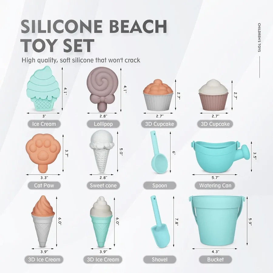 17 Uds juguetes de playa de silicona, juguetes de playa modernos para bebés, juego de playa apto para viajes, cubo de silicona, regadera, pala, 12 moldes de arena,