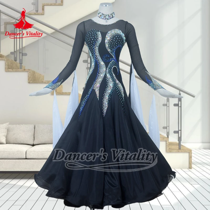 Black Ballroom Dance AB Stones Perform Dress with Necklace Advanced Custom Adult Waltz Tango Contest Clothing Dancer's Vitality