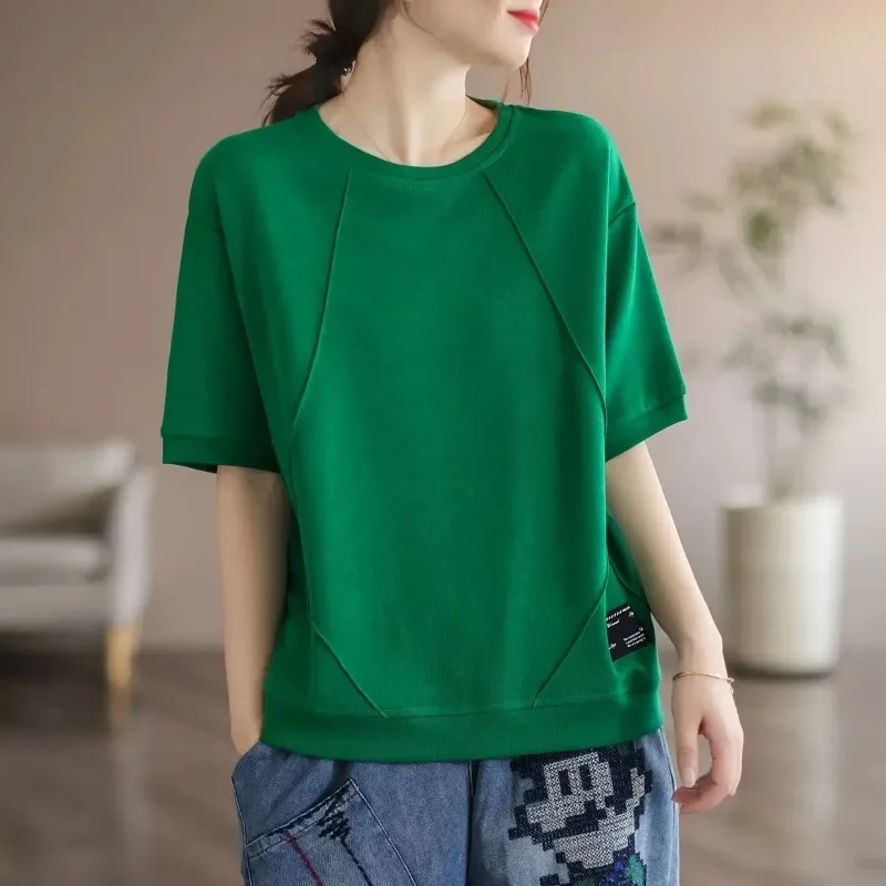 Women's Loose Cotton Short Sleeve T Shirt Summer Casual Solid Color Hide Belly Top