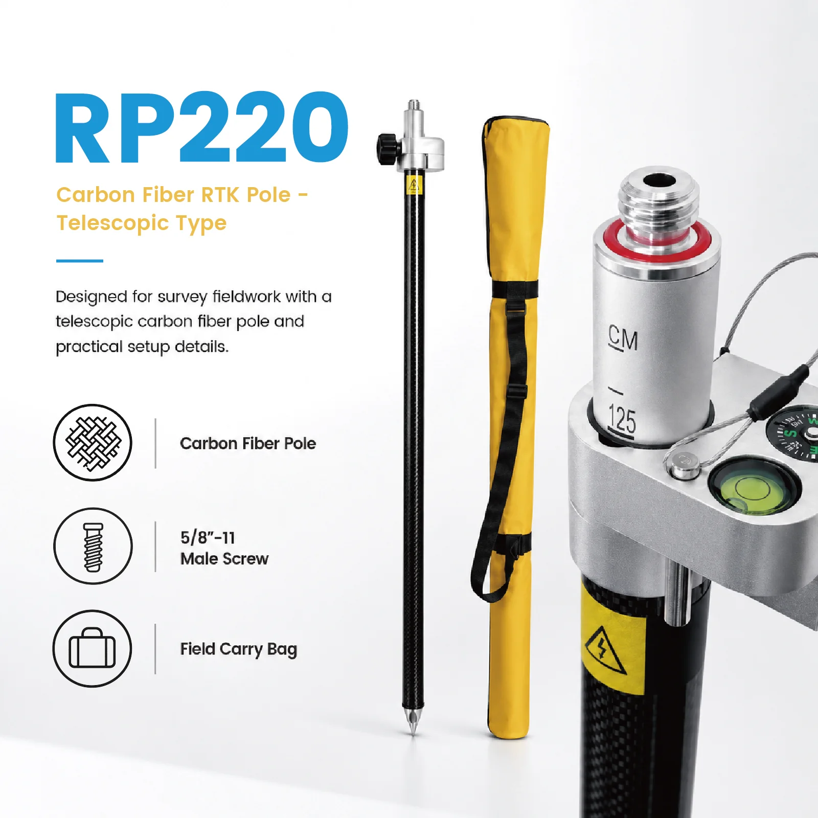 Carbon Fiber Telescopic Surveying Pole High Strength GNSS Measuring Rod For Construction Topographic Survey