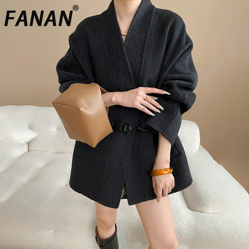 

FANAN офисные женские шерстяные пальто на одной пуговице для женщин, толстые теплые свободные куртки с v-образным вырезом и длинными рукавами, женская одежда, новинка зимы 2023 г.