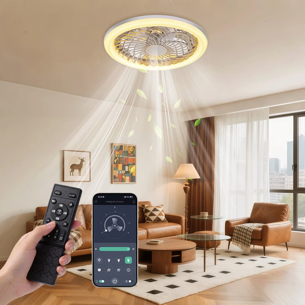 Deckenventilator mit Licht und Fernbedienung, 19 Zoll dünner Deckenventilator, 3000-6000K dimmbares modernes integriertes LED-Ventilatorlicht, 6 Windgeschwindigkeiten
