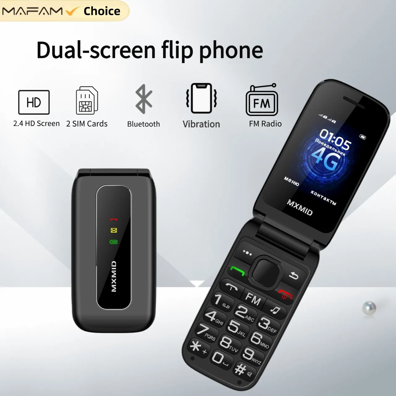 Flip Phone For Adults Dual SIM 2.4 Inch Display Long Battery Large Push-Button Phone Large Buttons Feature Phone Durable Phone