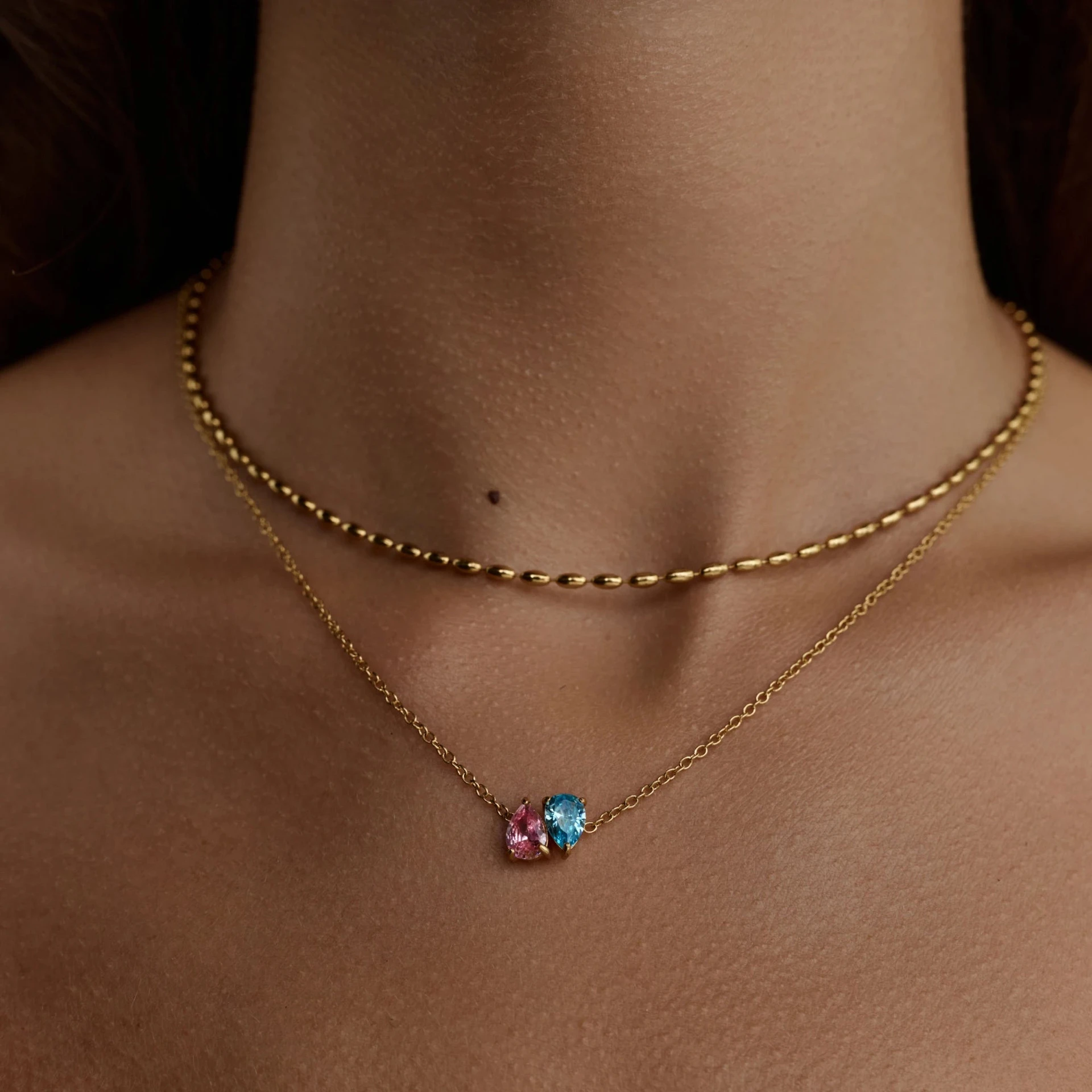 18K Stainless Steel Double Name Necklace with Birthday Stone Heart-Shaped Colorful Zircon Pendant Fashion Jewelry for Women