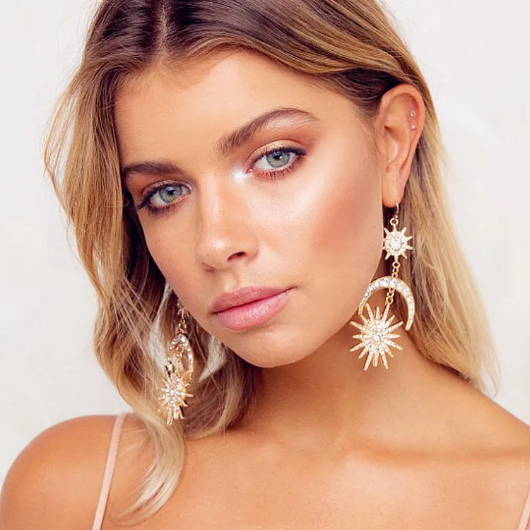 Octagonal Star Earrings Rhinestone Geometry Star Fashion Earrings Sun Moon Retro Female Drop Earrings 2022  Korean Fashion