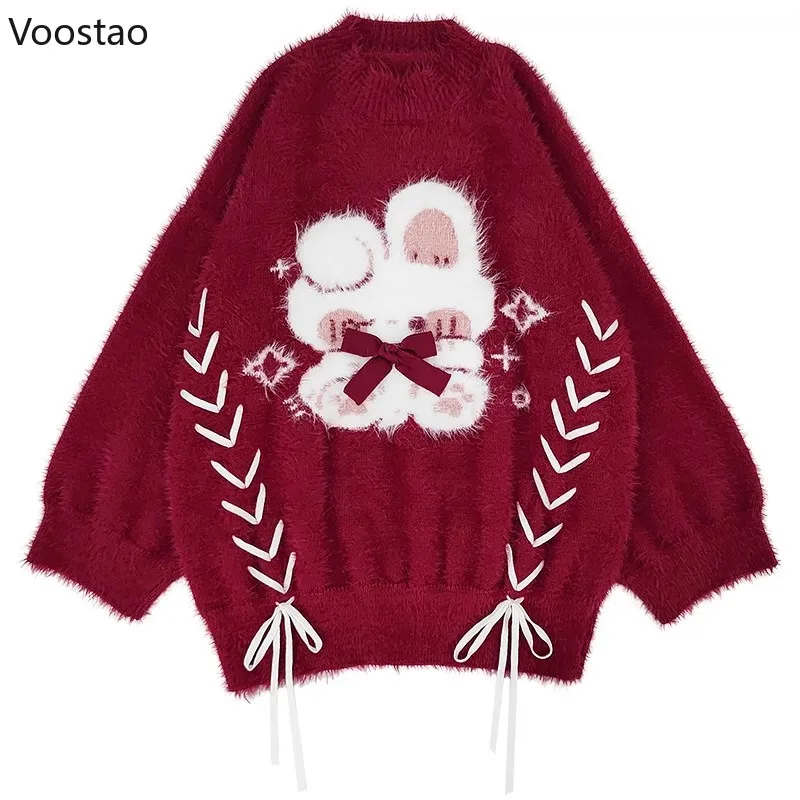 Red Kawaii Lolita Knitted Sweater Women Sweet Cartoon Bunny Christmas Pullover Autumn Winter Female Vintage Warm Jumpers Tops