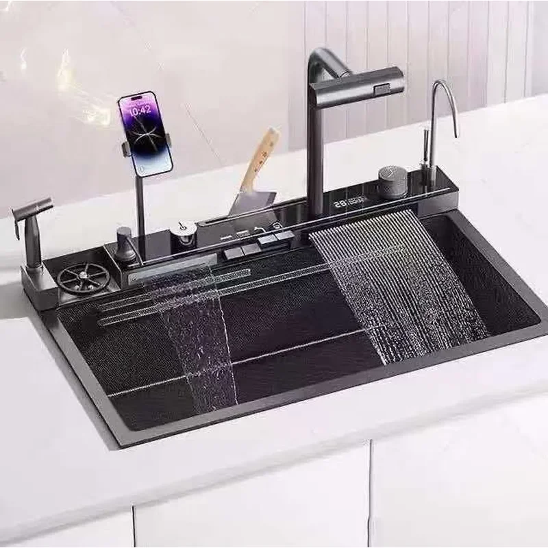 Stainless Steel Nano Honeycomb Embossed Kitchen Sink Multifunctional Vegetable Washing Basin with LED Digital Display Whale