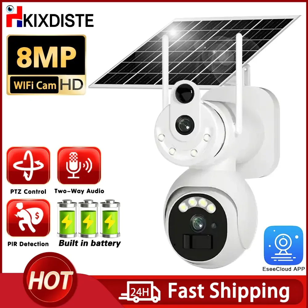 

Solar Battery Camera 4K 8MP Outdoor Wireless WiFi IP Cam Dual Lens Dual Screen Human Detect Video Surveillance CCTV PIR Detect