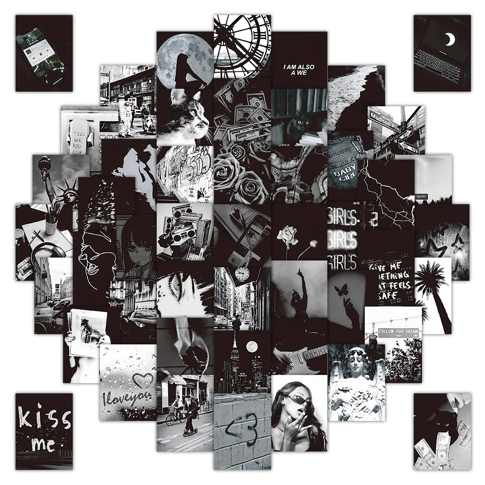 Black & White Aesthetic Wall Collage Kit 50 Sheets Vintage Indie Room Decor Photo Prints Sticker Story Store - view 2