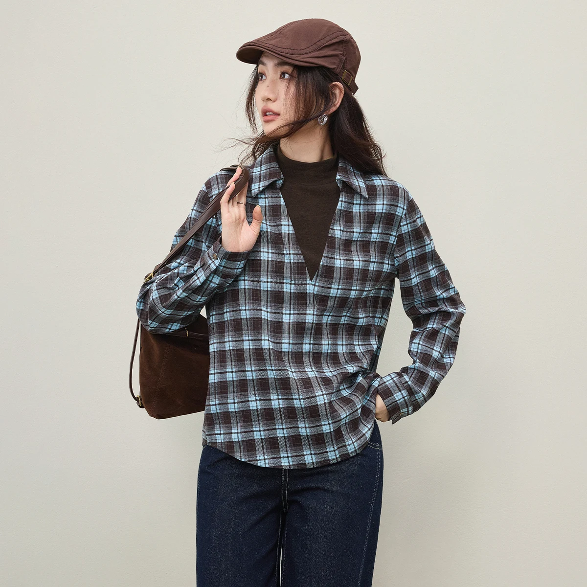 

SENTUBILA Plaid Shirt Fake Two-Piece 2025 Winter Women Loose Color Block Splicing Blouse Long Sleeve Top Clothes Q54CK4926