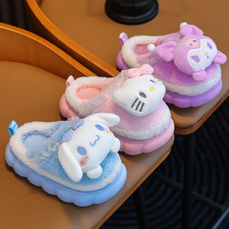 Sweet Family Winter Warm Slippers Cute Kawaii Sandals Kuromi My Melody Hello Kitty Soft Sole Shoes