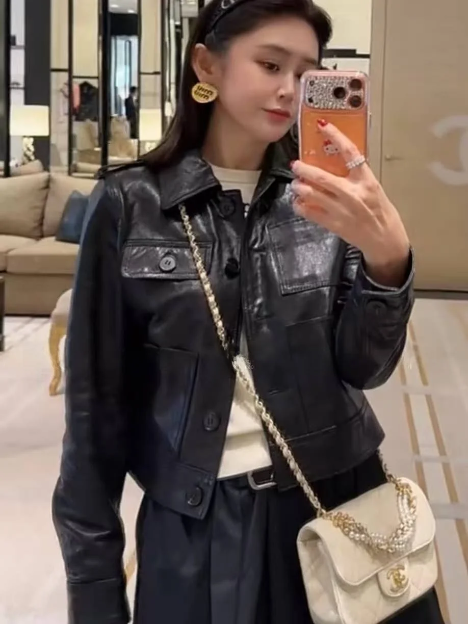 

Ning 2026 New Sle Women's Leather Jaet eepskin Genuine Leather Long Sve Zipper Closure Luxury Feel Coat